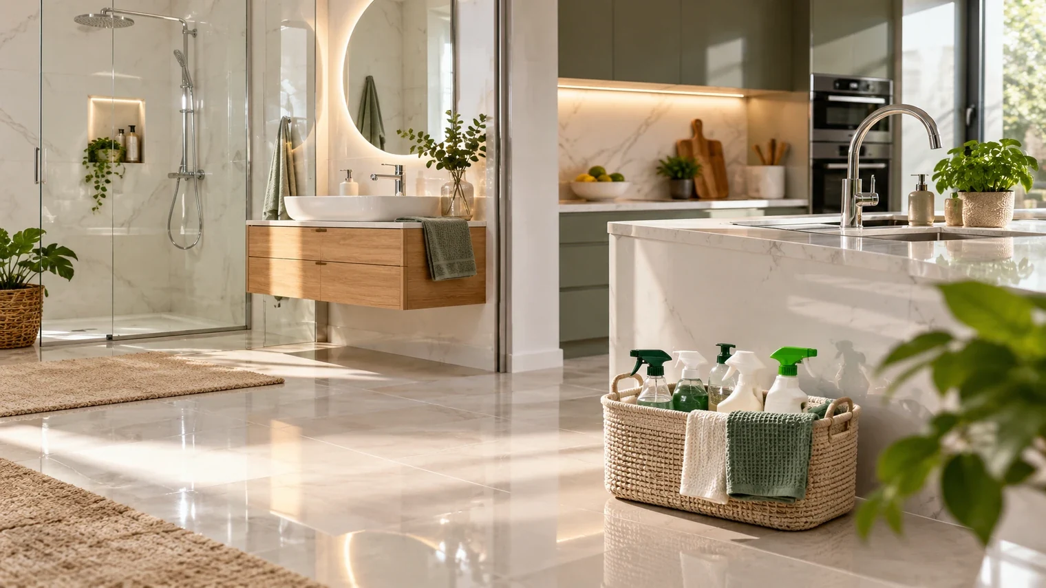 Ev temizliğinde mutfak ve banyo yüzeyleri ile temizlik malzemeleri