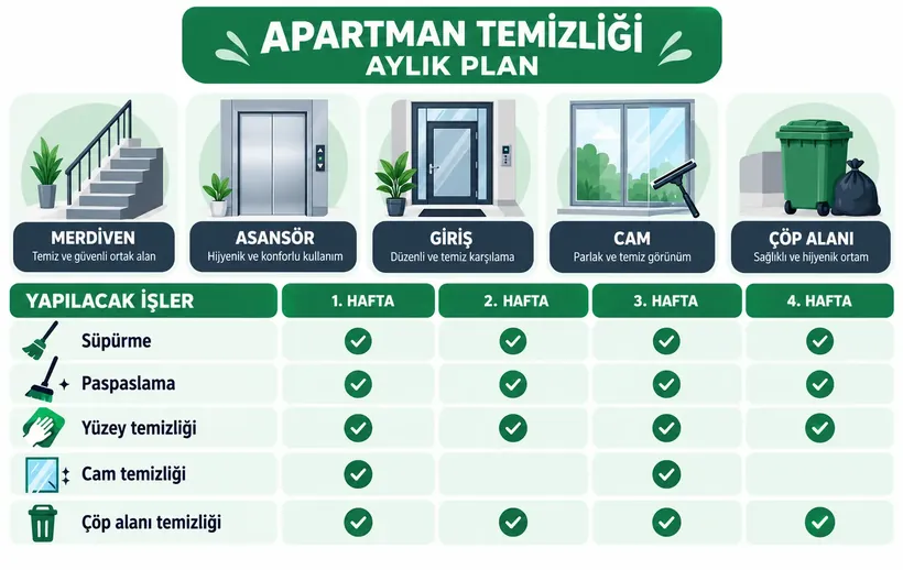 Apartman temizliği aylık plan infografiği: merdiven, asansör, giriş, cam, çöp alanı; haftalık sıklık çizelgesi