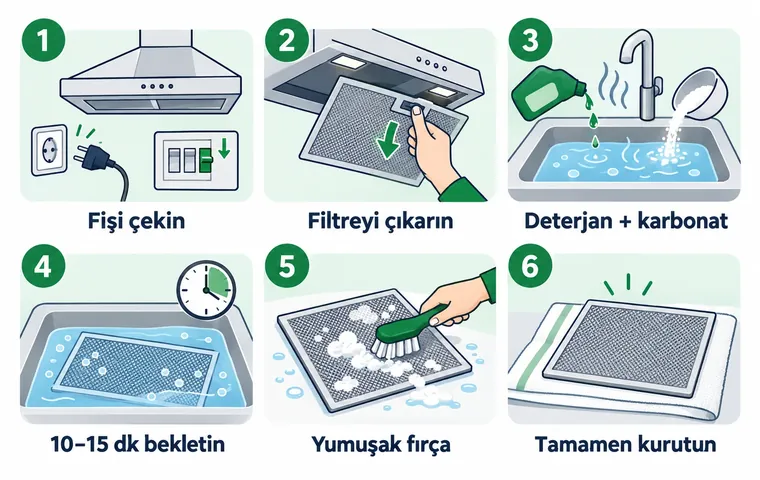 Aspiratör filtresi temizliğinin altı adımını gösteren şema: fişi çekme, filtreyi çıkarma, deterjanlı ve karbonatlı suda bekletme, fırçalama ve kurutma