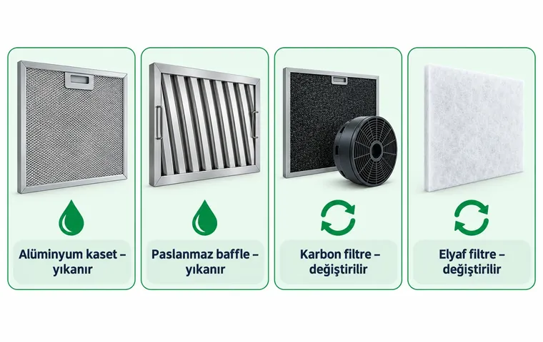 Dört aspiratör filtresi türünü gösteren infografik: yıkanan alüminyum kaset ve paslanmaz baffle filtre, değiştirilen karbon ve elyaf filtre