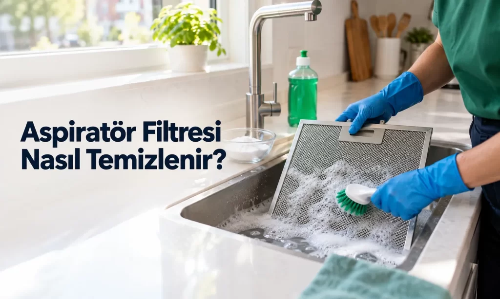 Aydınlık bir mutfakta, davlumbazdan çıkarılmış alüminyum yağ filtresinin sıcak sabunlu suyla dolu lavaboda yumuşak fırçayla temizlenmesi