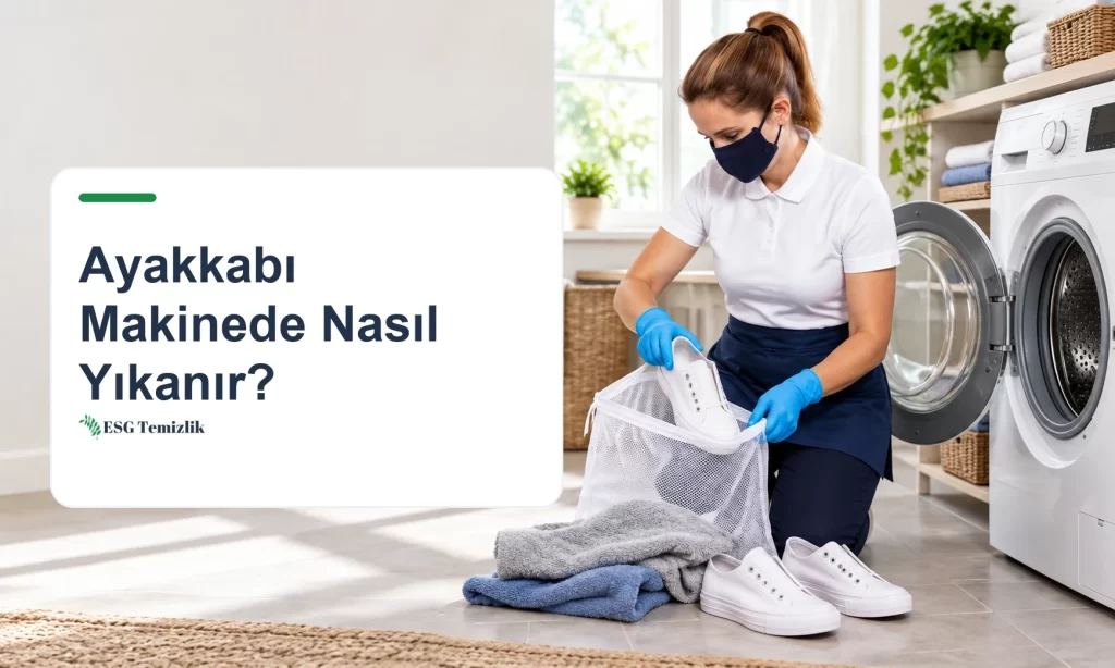 Çamaşır makinesinin önünde bağcıkları çıkarılmış beyaz kanvas ayakkabılar ve file torba