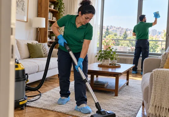 Bahçelievler Temizlik Şirketi — klasik bir apartman dairesinin salonunda temizlik ekibi