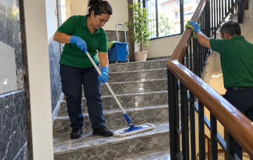 Apartman merdiven boşluğunda basamakların paspaslanması, korkuluk silinmesi