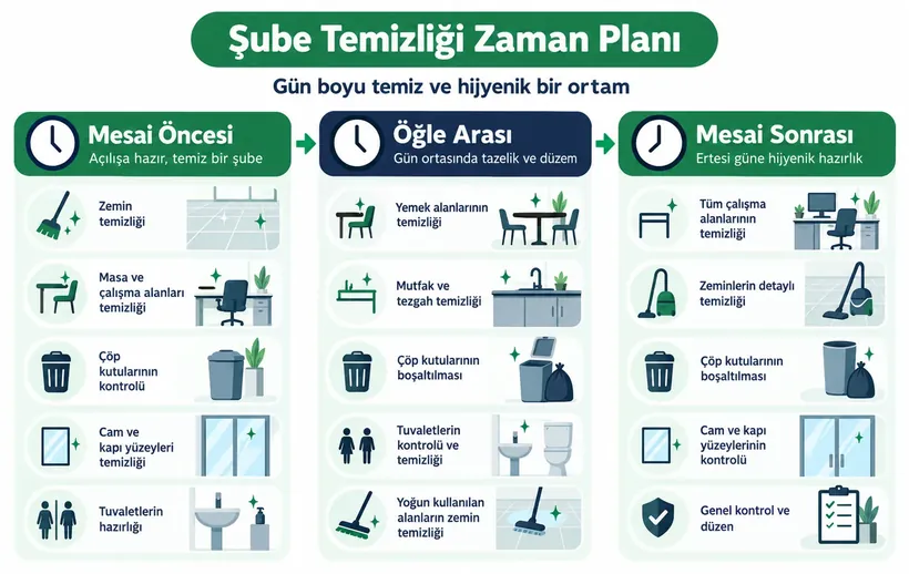 Şube temizliği zaman planı infografiği: mesai öncesi, öğle, mesai sonrası