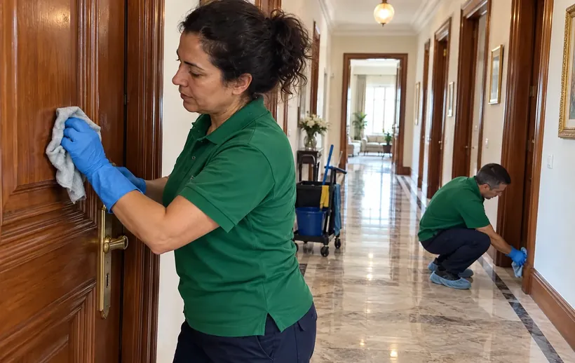 Yüksek tavanlı daire koridorunda ahşap kapı ve süpürgeliklerin silinmesi