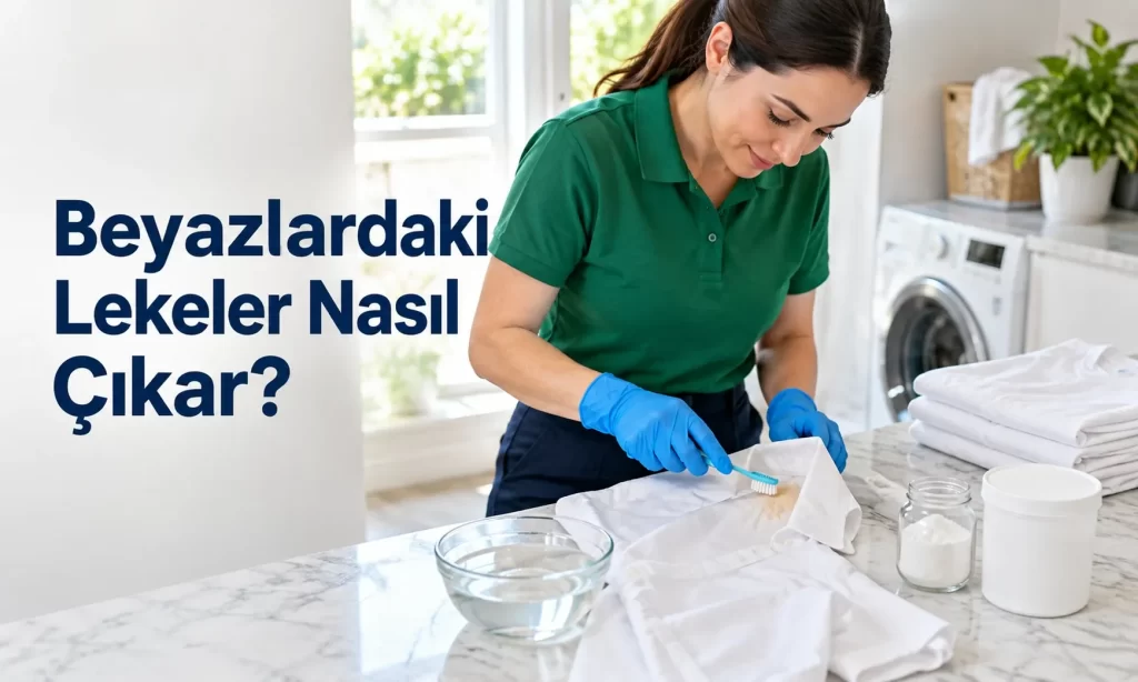 Aydınlık bir çamaşır köşesinde, yakasında kahve lekesi olan beyaz gömlek, katlanmış beyaz tişörtler, ılık su dolu cam kâse, diş fırçası ve karbonat.