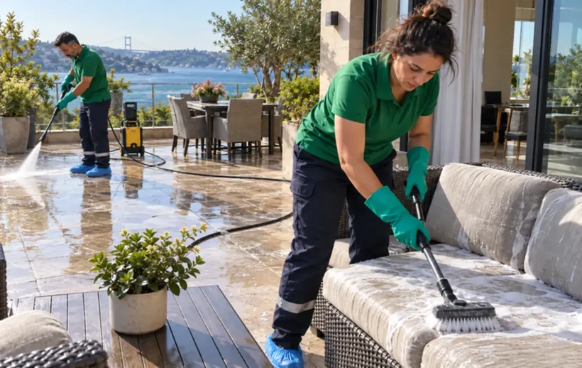 Villa terasında dış mekân mobilyalarının ve zeminin yıkanması