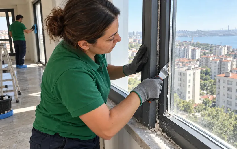 Yeni teslim site dairesinde pencere doğramasındaki silikon ve inşaat tozunun kazıyıcıyla alınması