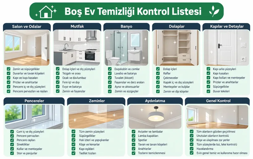 Boş ev temizliği kontrol listesi infografiği: dolap içleri, kapı arkaları, prizler, pencere rayları, banyo, mutfak