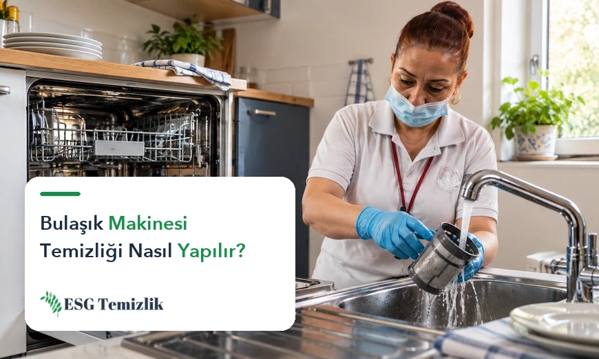 Açık bulaşık makinesinin yanında çıkarılmış filtre, fırça ve mikrofiber bez