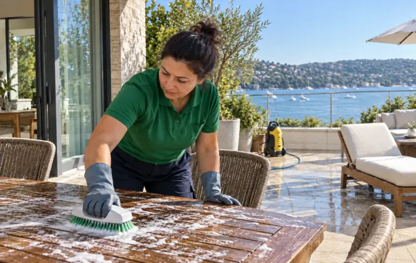 Sezon açılışı öncesi yazlık dairede balkon ve bahçe mobilyalarının yıkanması
