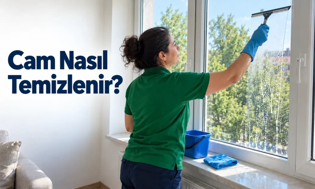 Beyaz PVC çerçeveli pencere camı içeriden çekçekle temizleniyor