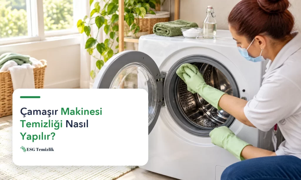 Çamaşır makinesinin kapak contası mikrofiber bezle temizleniyor