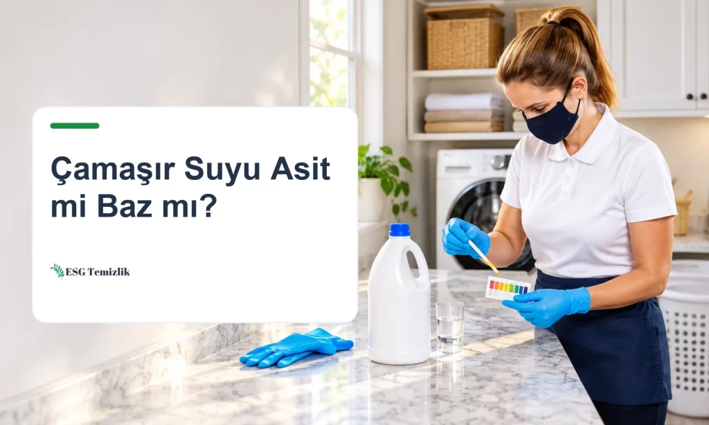 Çamaşır suyu şişesi, pH test şeridi ve eldiven