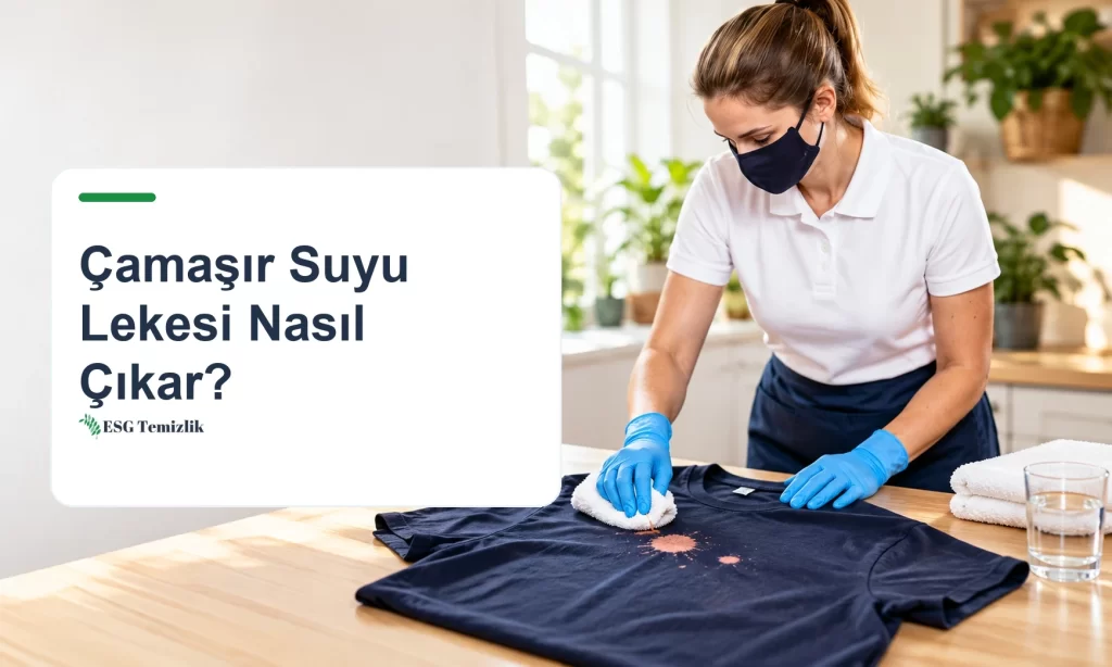Lacivert pamuklu tişört üzerinde turuncu çamaşır suyu lekeleri