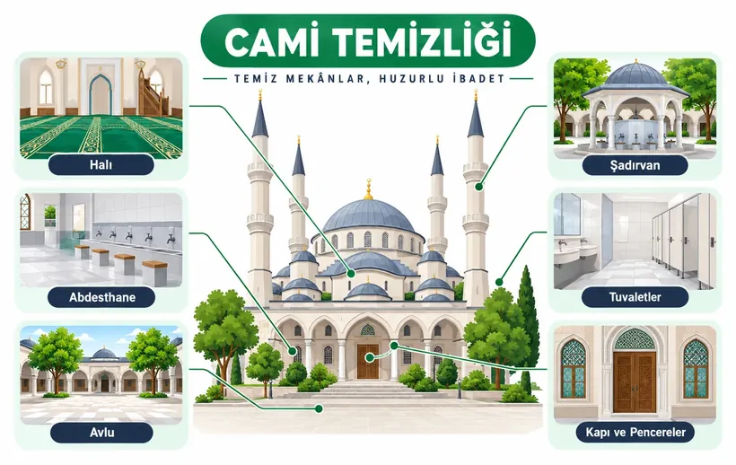 Cami temizliği alanları infografiği: halı, şadırvan, abdesthane, avlu