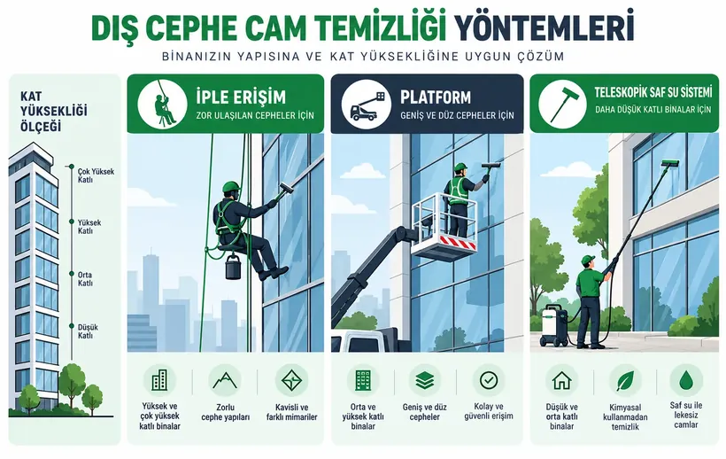 Dış cephe cam temizliği yöntemlerini karşılaştıran infografik: iple erişim, platform, teleskopik saf su sistemi; kat yük