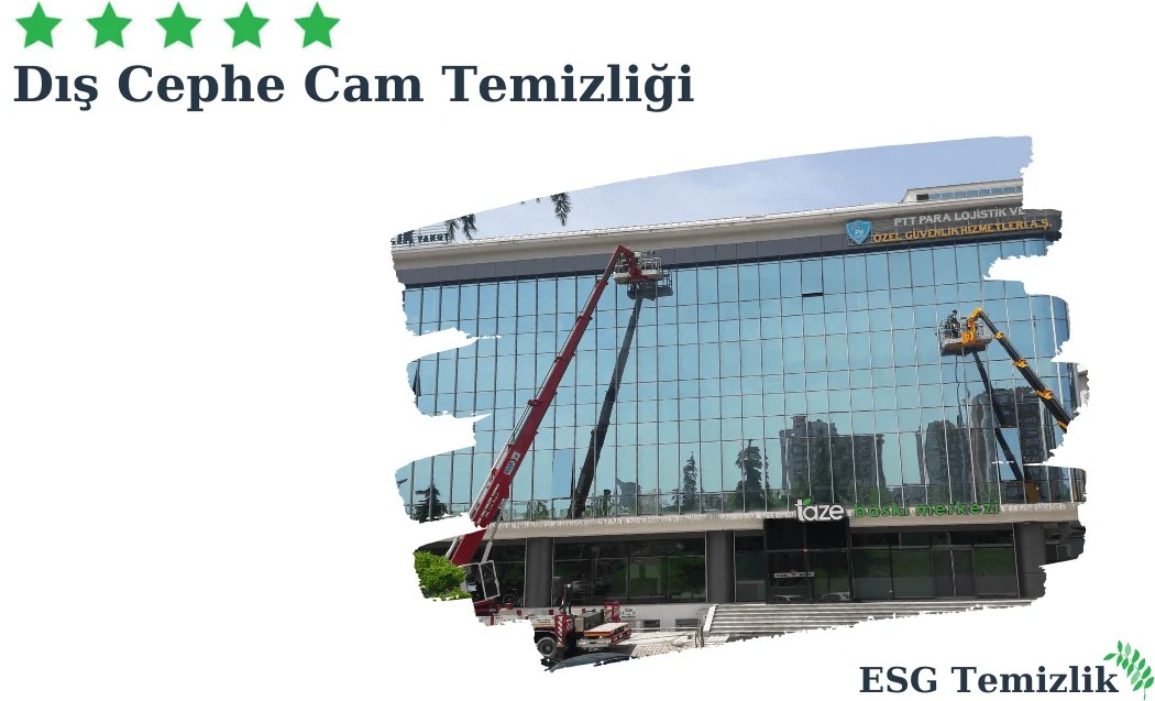 İpli erişimle dış cephe cam temizliği yapan ESG Temizlik personeli