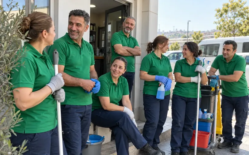 Temsili yedi kişilik temizlik ekibinin yeşil polo ve lacivert iş kıyafetleriyle grup fotoğrafı