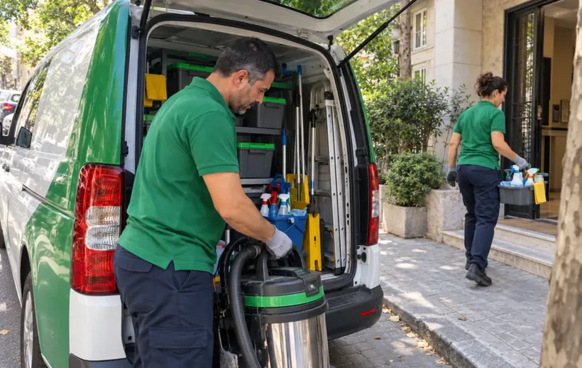 Yeşil-beyaz temsili temizlik servis aracı, ekipmanları ve iki görevli