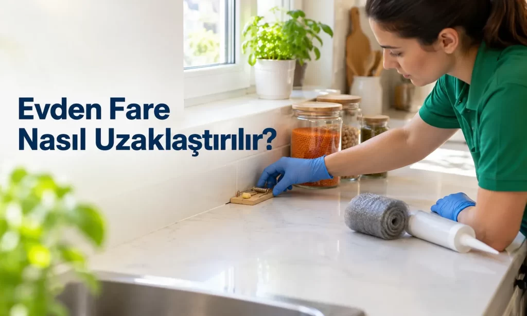 Aydınlık bir mutfakta tezgâh dibine duvara dik yerleştirilmiş yaylı fare kapanı, kapalı gıda kavanozları ve delik kapatmak için çelik yünü.