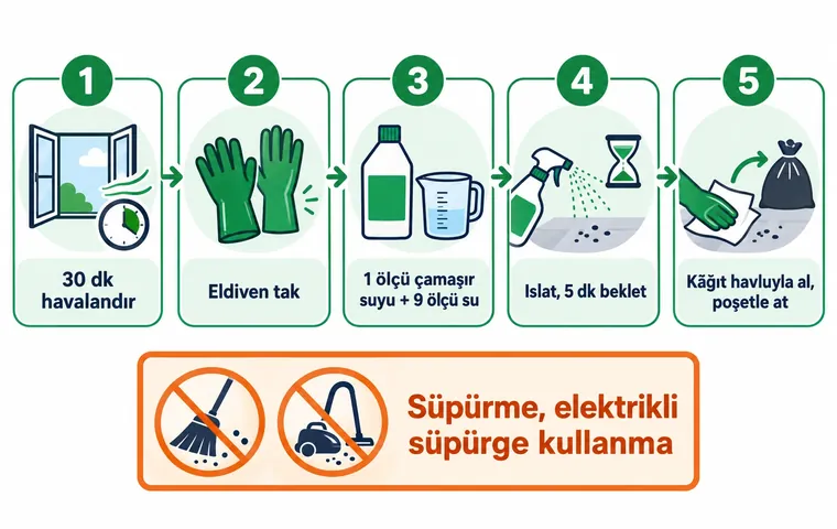 Fare pisliğini ıslatarak temizlemenin adımlarını gösteren infografik: havalandırma, eldiven, seyreltik çamaşır suyu, beş dakika bekletme ve kâğıt havluyla toplama; süpürge kullanmama uyarısı.