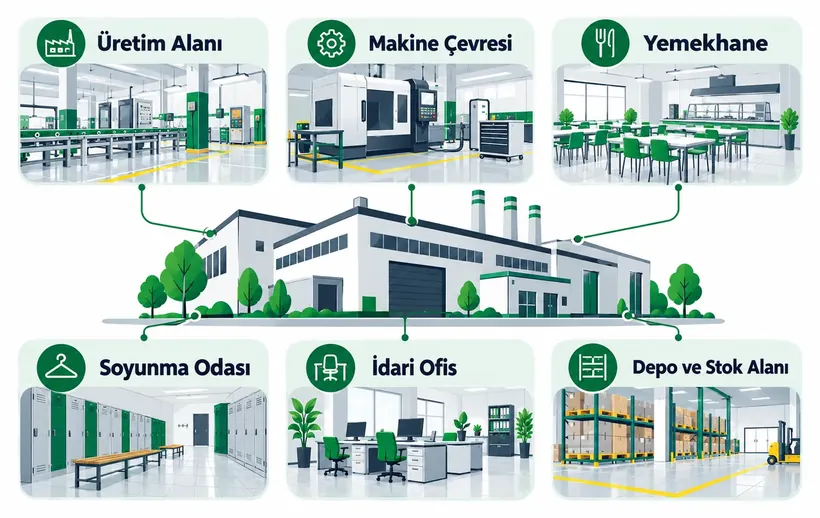 Fabrika temizliği alanlarını gösteren infografik: üretim alanı, makine çevresi, yemekhane, soyunma odası, idari ofis