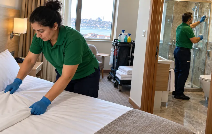Küçük bir otel odasında yatak düzeni ve banyo temizliği