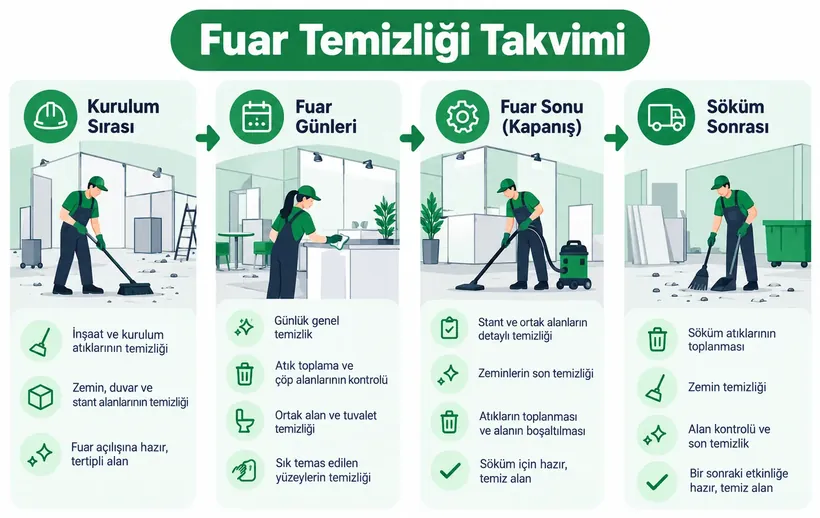 Fuar temizliği takvimi infografiği: kurulum sonrası, fuar günleri, söküm