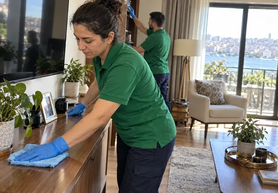 Gaziosmanpaşa Temizlik Şirketi — apartman dairesinin salonunda temizlik ekibi mobilya yüzeylerini siliyor