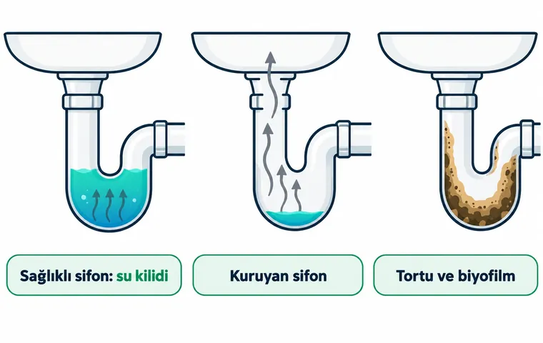 Lavabo sifonunun kesit çizimi: suyla dolu sifonun gazı tutması, kuruyan sifondan koku çıkması ve sifon içinde biriken tortu