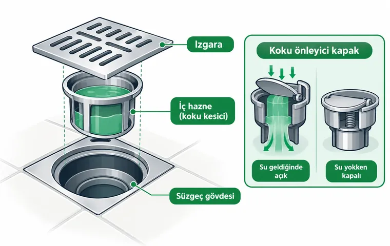Yer süzgecinin ızgara, suyu tutan iç hazne ve gövde parçaları ile süzgece takılan yaylı koku önleyici kapağın açık ve kapalı hâli