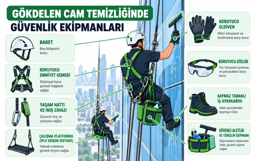 Gökdelen cam temizliğinde güvenlik ekipmanlarını gösteren infografik
