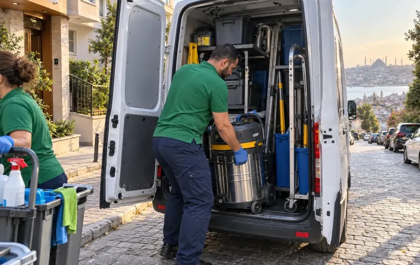 Ekibin servis aracına düzenli şekilde ekipman yüklemesi; sabah erken saat, yumuşak ışık