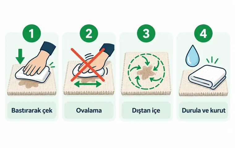 Halı lekesini çıkarmanın dört adımını gösteren çizim: bezle bastırarak çekmek, ovalamamak, dıştan içe çalışmak, durulayıp kurutmak.