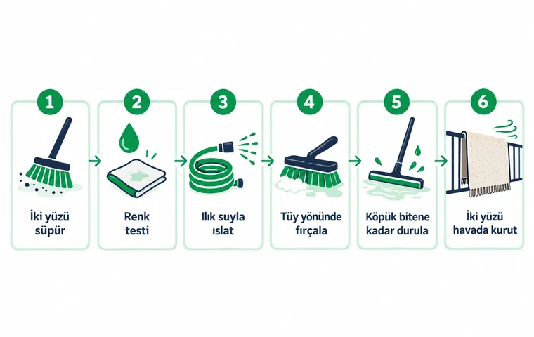 Evde halı yıkamanın altı adımını süpürme, renk testi, ıslatma, tüy yönünde fırçalama, durulama ve asarak kurutma olarak gösteren infografik.