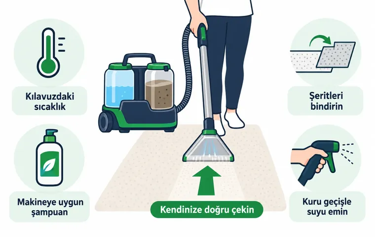 Ev tipi halı yıkama makinesinin temiz ve kirli su tanklarını, aparatın kendinize doğru çekilmesini ve kuru geçişle suyun emilmesini gösteren infografik.