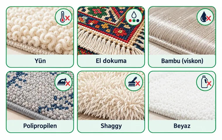 Yün, el dokuma, bambu, polipropilen, shaggy ve beyaz halı dokularını ve her birinde kaçınılması gereken uygulamayı gösteren kartlar.