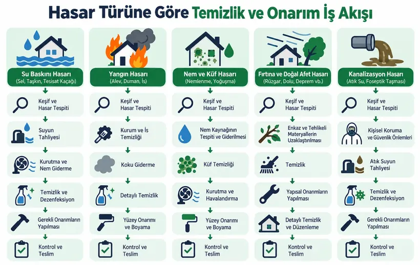 Hasar türüne göre temizlik ve onarım iş akışı infografiği