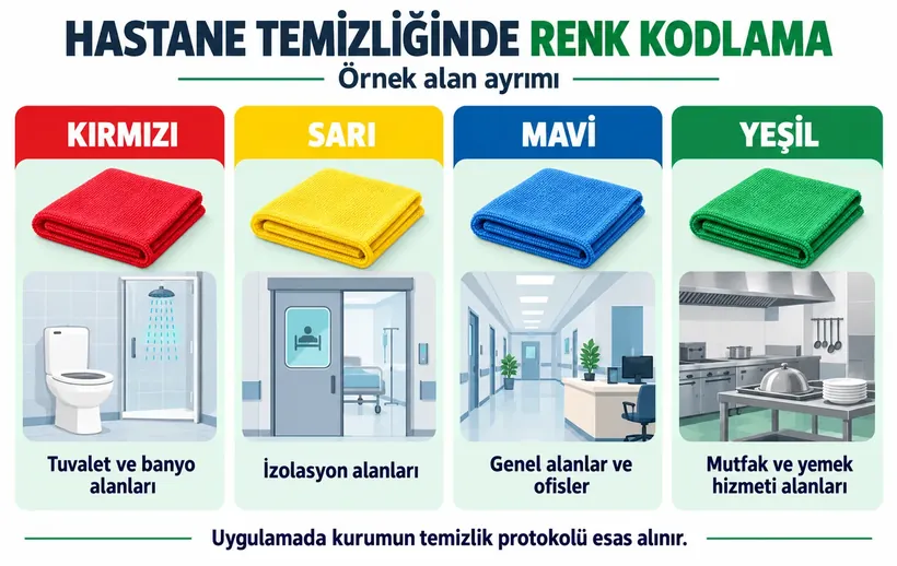 Kırmızı, sarı, mavi ve yeşil bezler için hastane temizlik alanlarını gösteren örnek renk kodlama infografiği
