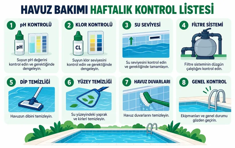Havuz bakımı haftalık kontrol listesi infografiği: pH, klor, filtre, dip temizliği
