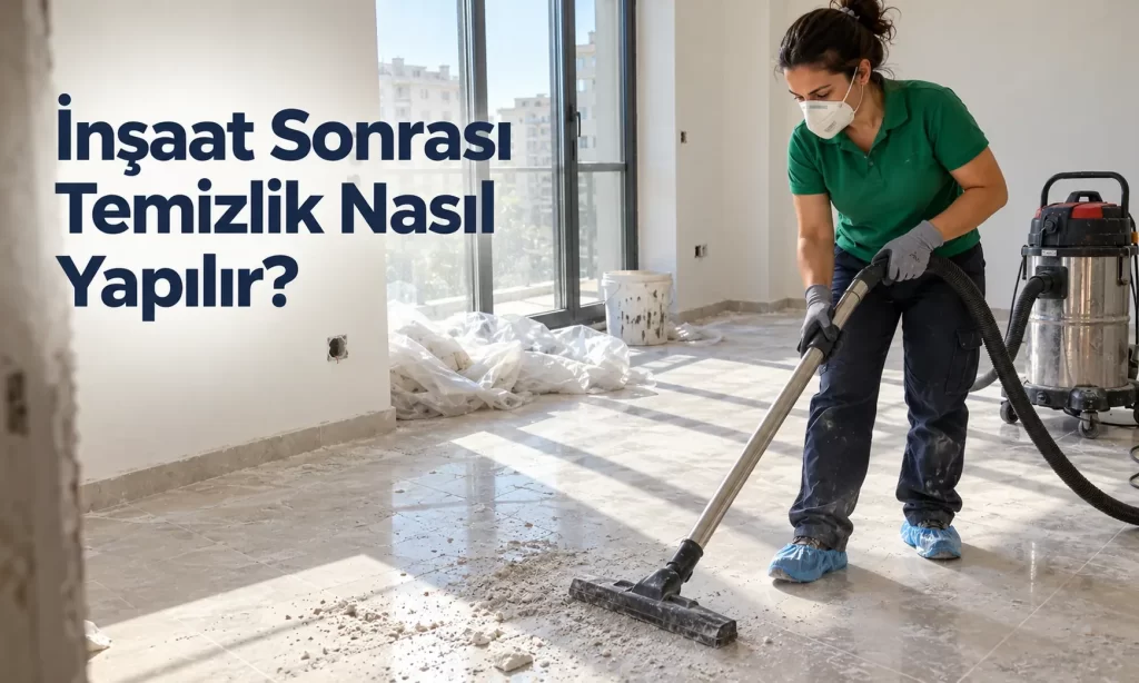 Tadilat sonrası boş salonda ıslak-kuru süpürgeyle inşaat tozunun alınması