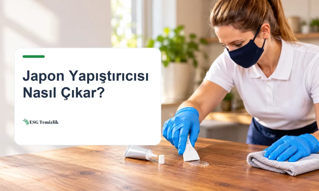Ahşap masada kurumuş japon yapıştırıcısı damlası ve plastik kazıyıcı