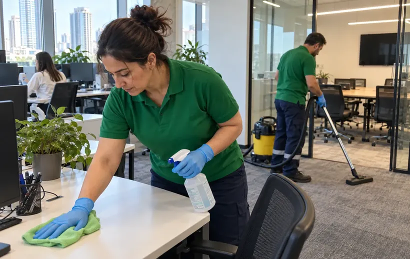 Plaza ofisinde açık ofis masalarının ve toplantı odasının temizlenmesi