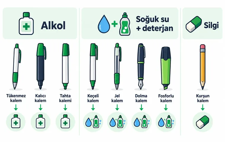 Tükenmez, keçeli, kalıcı, tahta, jel, dolma, fosforlu ve kurşun kalemi alkol, su ve silgi gruplarına ayıran infografik