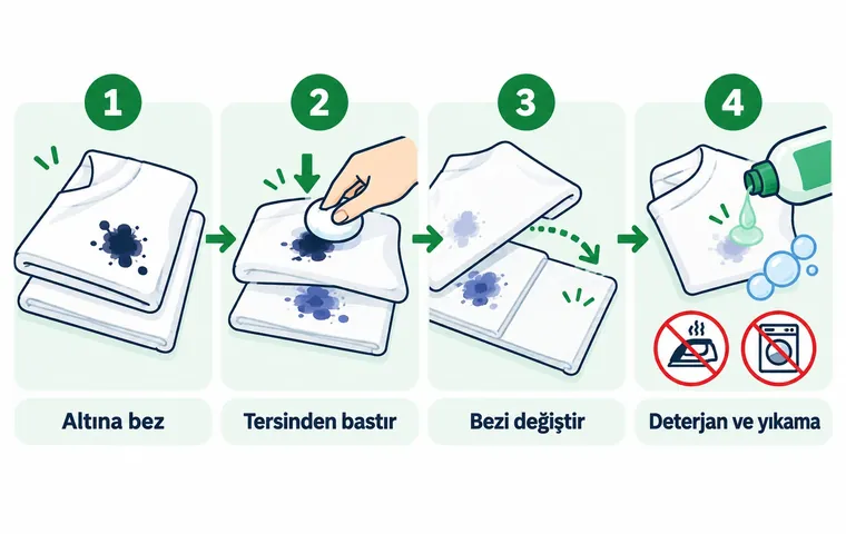 Kumaştaki kalem lekesini altına bez koyup tersinden alkolle bastırarak çıkarma adımlarını gösteren dört aşamalı şema