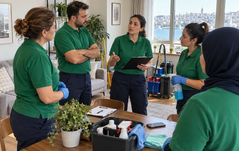 Ekip üyelerinin sabah toplantısında günlük iş planını konuşması