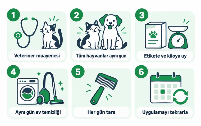 Kediden pire temizliğinin altı adımını gösteren infografik: veteriner muayenesi, evdeki tüm hayvanların aynı gün tedavisi, etikete uygun uygulama, ev temizliği, her gün tarama ve uygulamanın tekrarı.