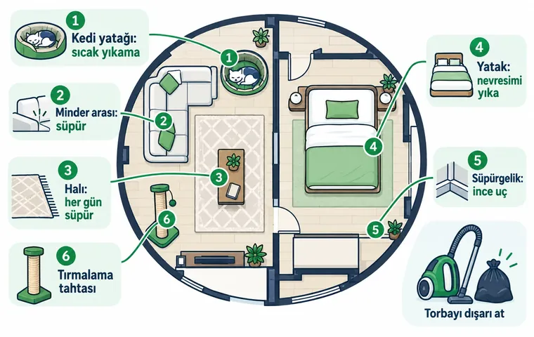 Evde kedi piresinin yumurta ve larvalarının biriktiği kedi yatağı, koltuk arası, halı, yatak kenarı, süpürgelik ve tırmalama tahtasını gösteren ev kesiti infografiği.